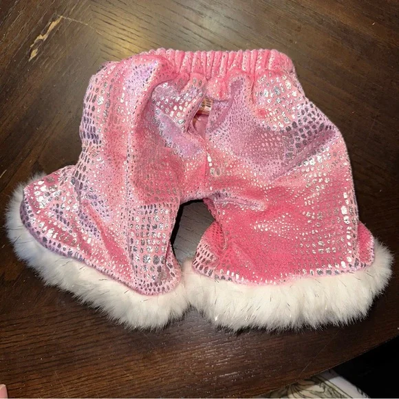 Build A Bear Workshop BAB Pink Velour Metallic Silver Winter Pants White Fur EUC - Picture 2 of 4